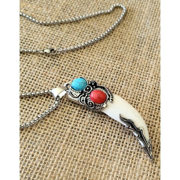 22" Snake Chain with 3" Horn Pendant embellished with Faux Turquoise Red & Blue - Picture 3 of 5